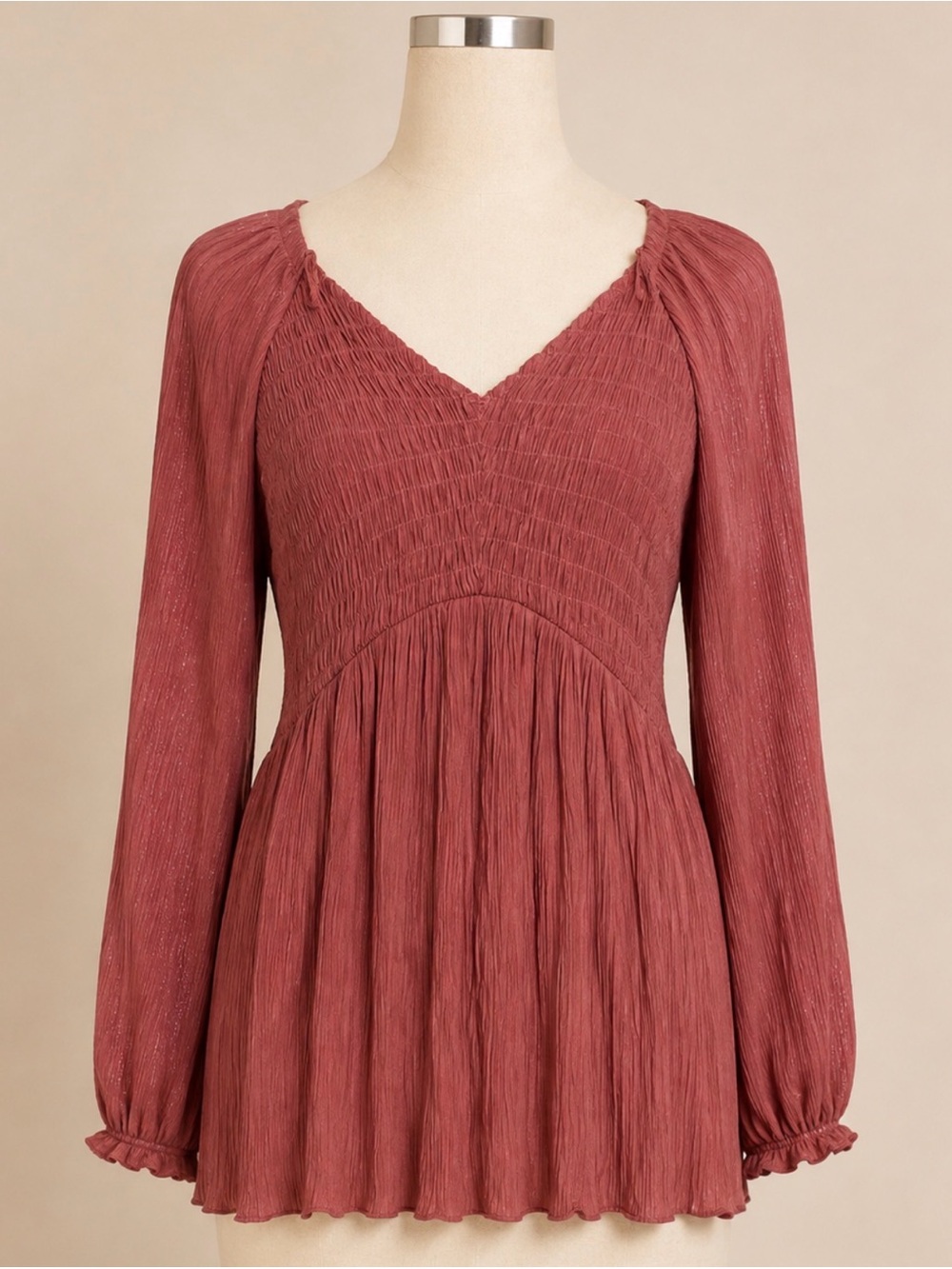 143 Story Smocked Peplum Blouse Mauve Shimmer Long Sleeve 3X Fits XL